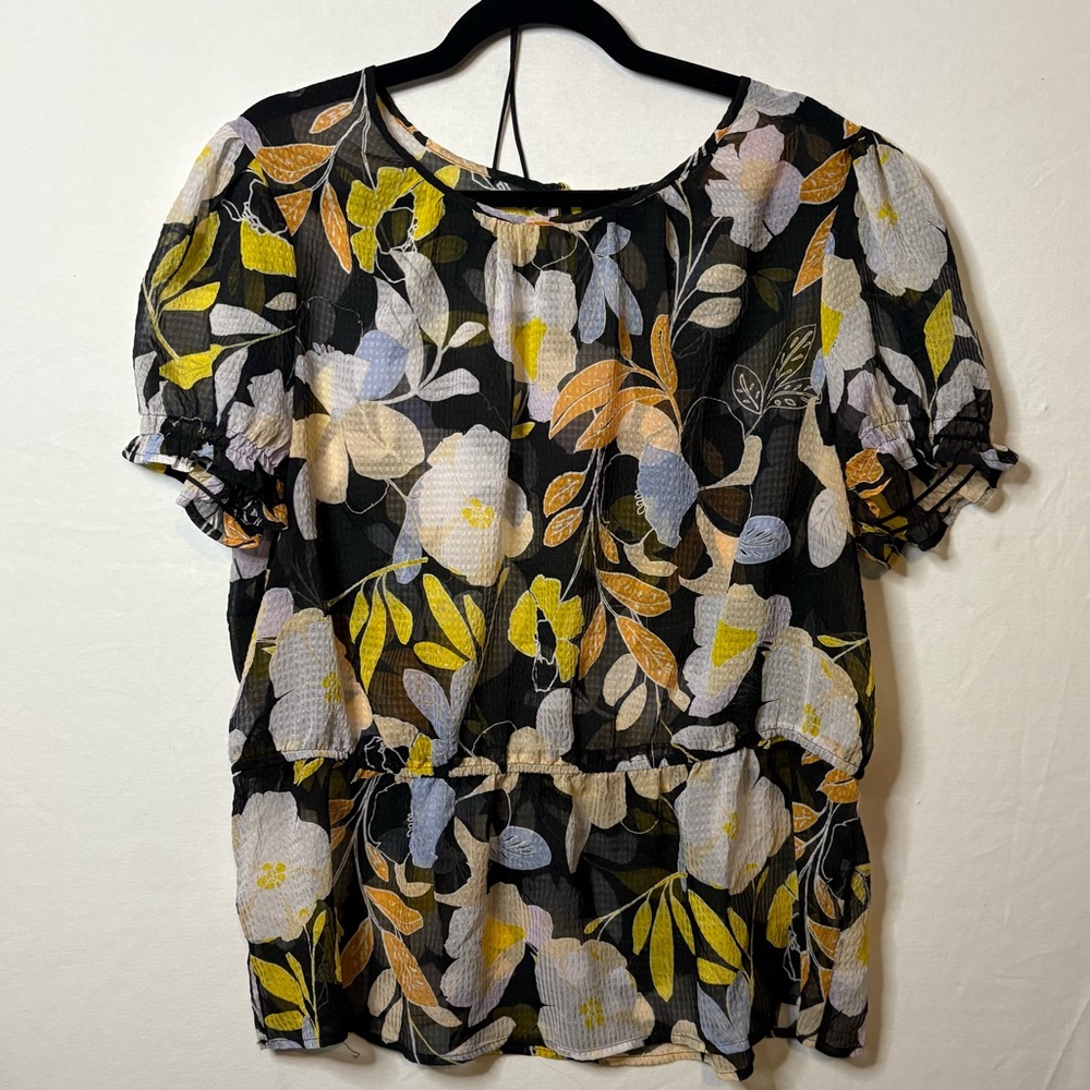Who What Wear Black Floral Print Sheer Short Sleeve Blouse